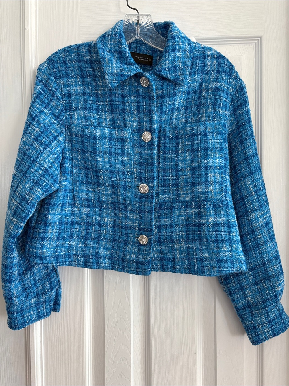 Zara Blue Aqua tweed Cropped Blazer Jacket with Rhinestone buttons Womens XS